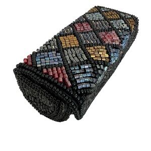 TRAVEL CASE lipstick contact lens beaded geometric blue black mirror snap flap